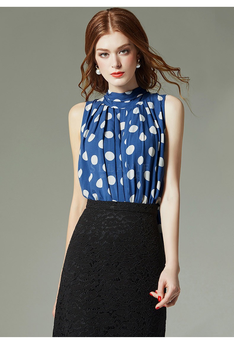 etgaz 高档品牌无袖雪纺衫女夏新款外穿印花波点上衣洋气飘带小衫薄款