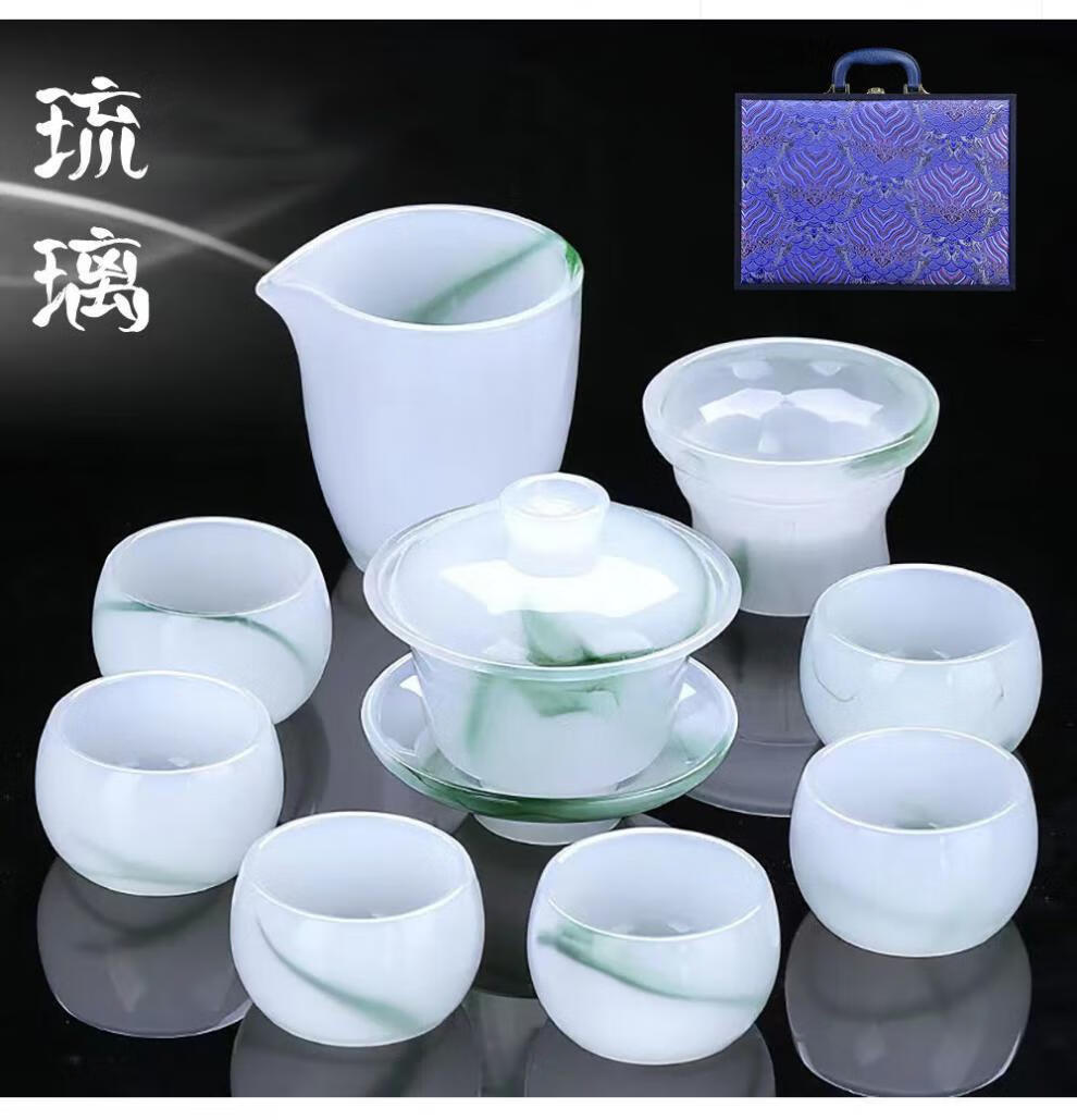 茶具多色可选中式茶漏玻璃盖碗简约功夫茶杯全套 黑水墨琉璃八件套