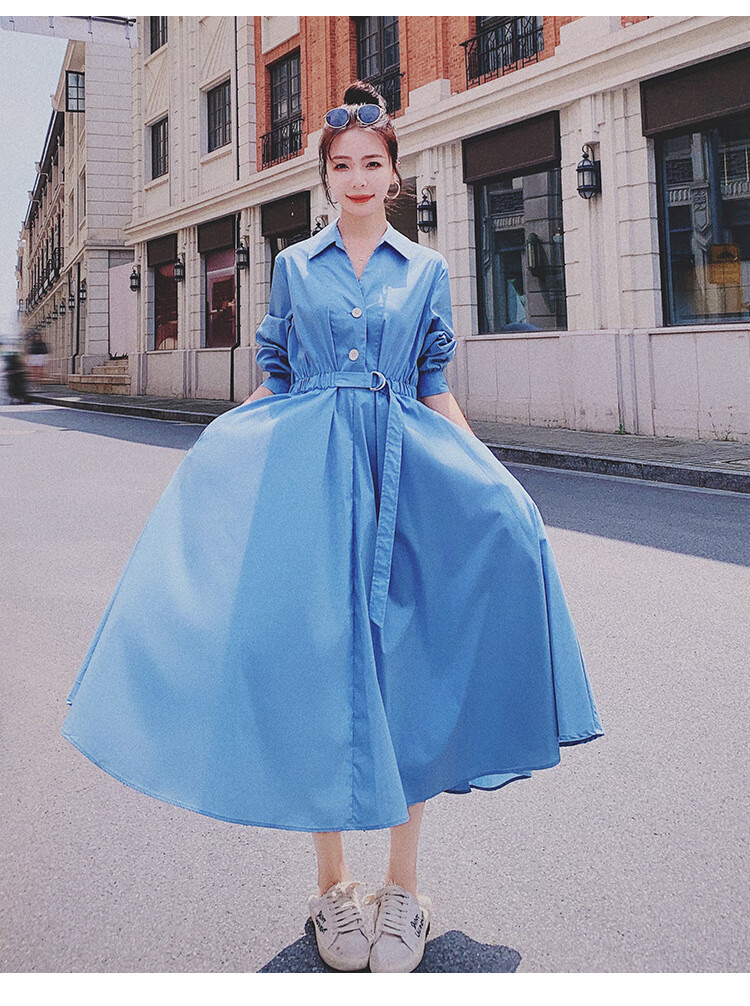 森迪宾新款法式收腰显瘦赫本风连衣气质女神范春秋蓝色衬衫长子蓝色s