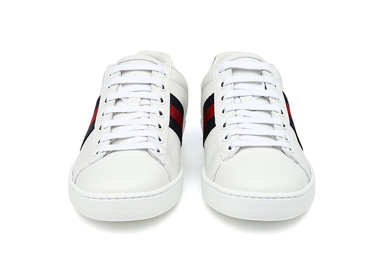 gucci古驰女鞋红绿织带黑尾小白鞋女士牛皮休闲鞋平底鞋平跟鞋 白色
