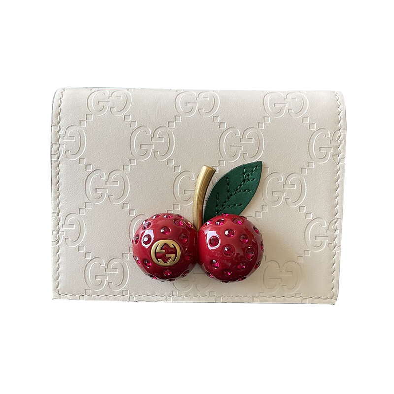 【特价】gucci古驰白色立体水钻樱桃小钱包女款奢侈品生日礼物 均码