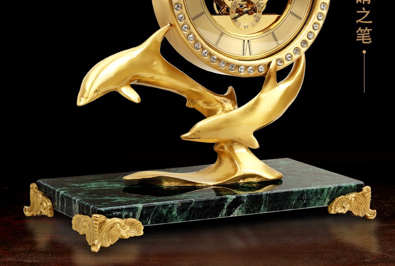 【品质好物】欧式黄铜海豚座钟现代客厅家用玄关台钟表轻奢时尚铜件软