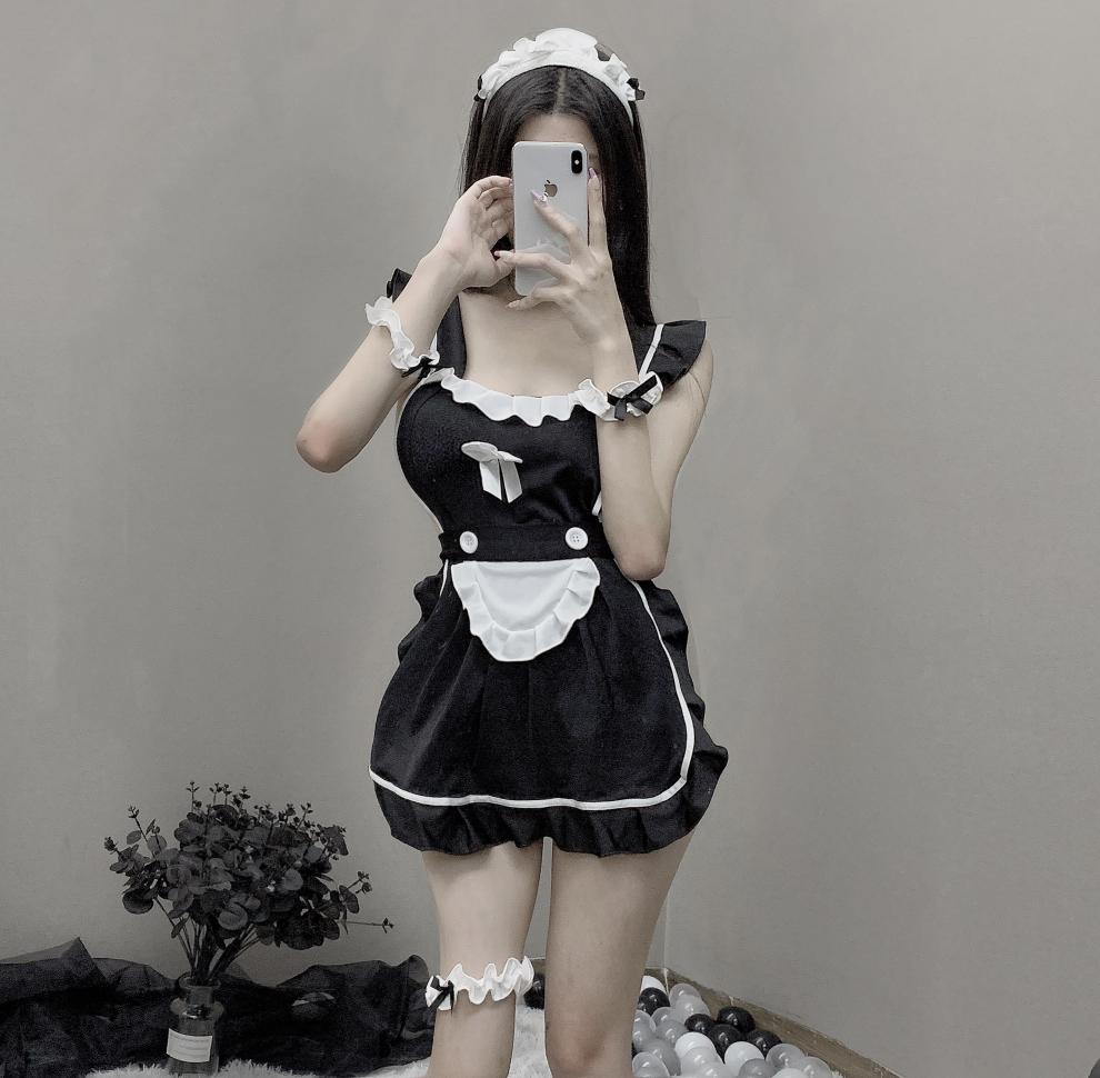 女仆装正经 欲欲一试性感睡裙制服v领吊带露背无袖a字裙纯色夏季青年