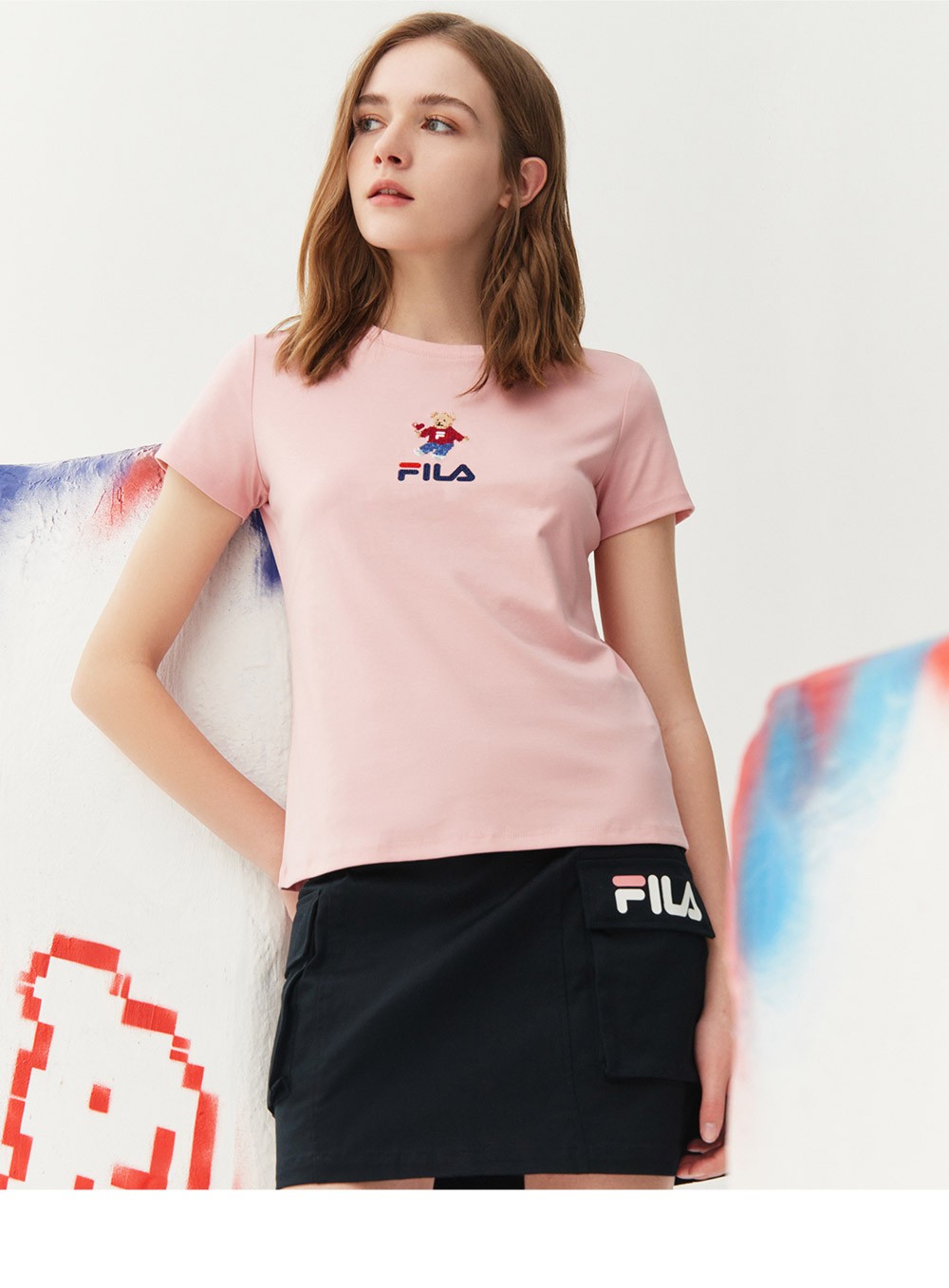 【预售】fila斐乐短袖女士t恤夏季新款舒适经典针织短袖小熊t上衣