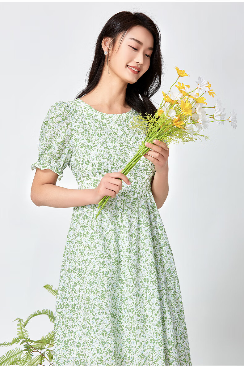 阿依莲2022年法式印花短袖连衣裙女夏季收腰显瘦碎花裙子 萌芽绿 xl