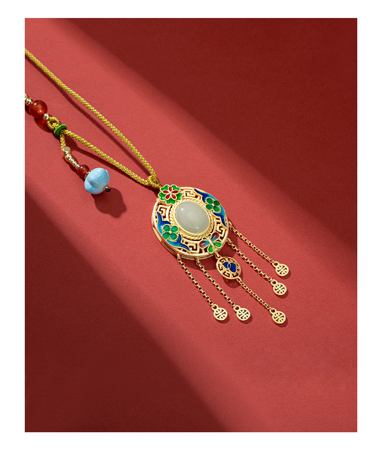 宝仕哲轻奢珠宝品牌国潮项链女复古宫廷流苏颈链镀彩金尼龙绳玉石吊坠