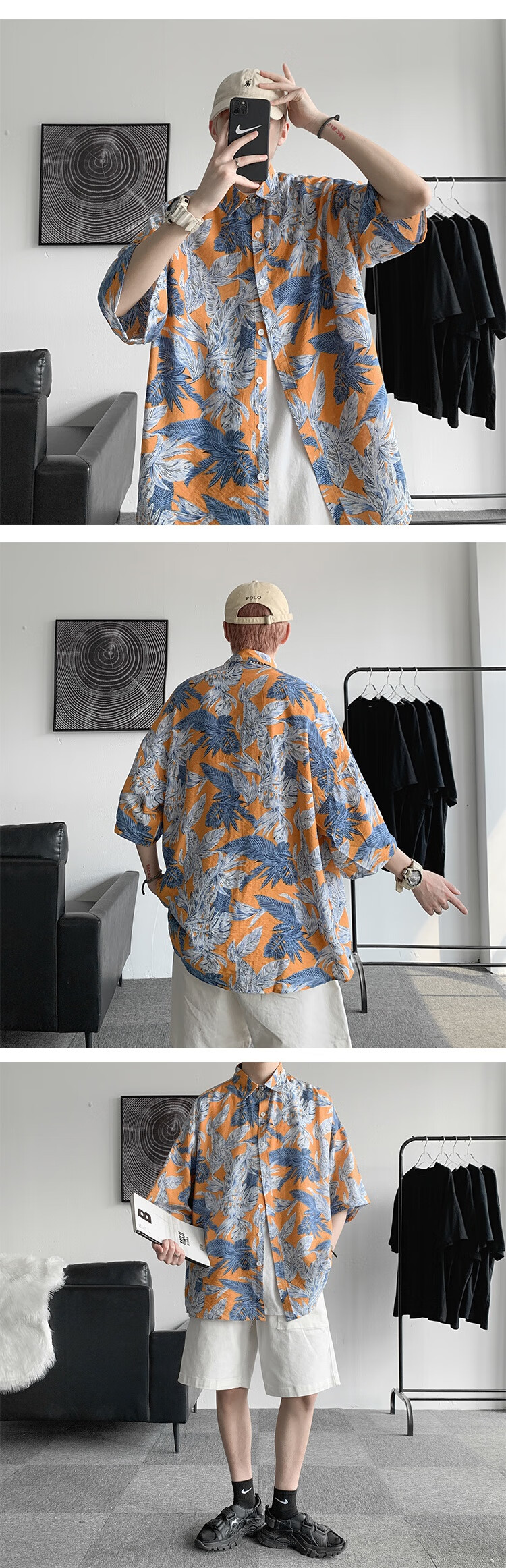 滢煌塞感花衬衫男士短袖夏季ins潮宽松休闲痞帅夏威夷沙滩衬衣 黄色 m