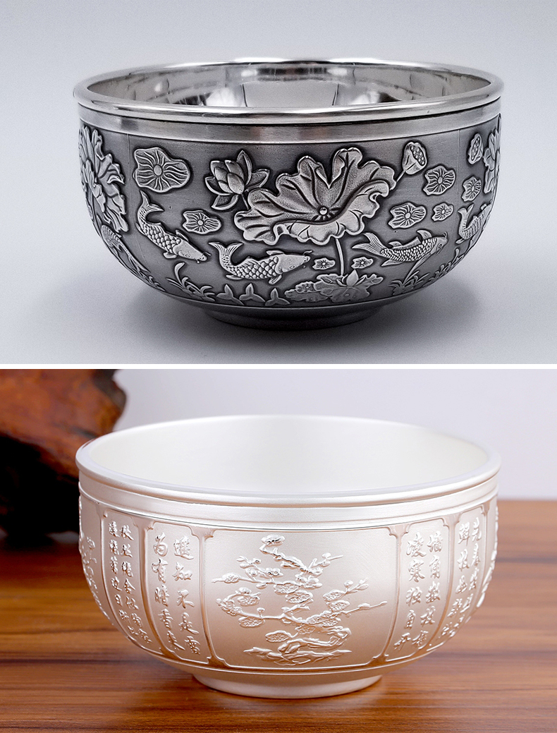 百福银筷子银碗999纯银餐具套装 双层隔热家用银碗银筷子银勺子食用