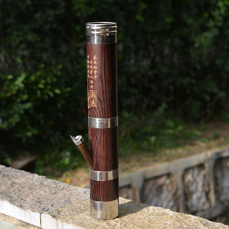 云南水烟筒刻字款水烟斗大中小号烟壶不锈钢箍水烟袋仿木过滤烟桶