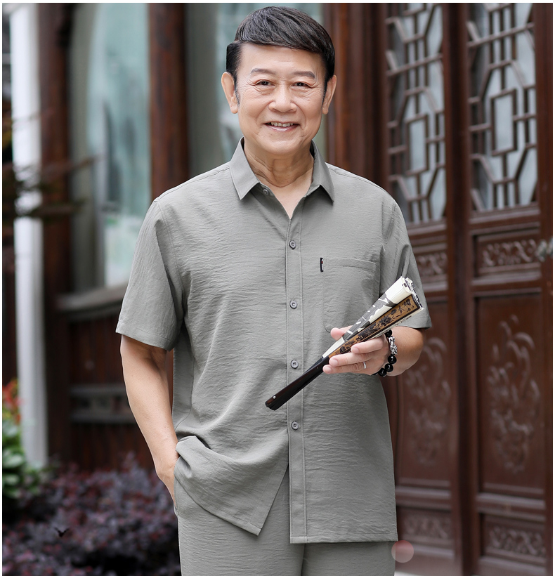 echc品牌 爸爸夏装短袖衬衫中老年唐装男中国风70岁爷爷夏季套装老年
