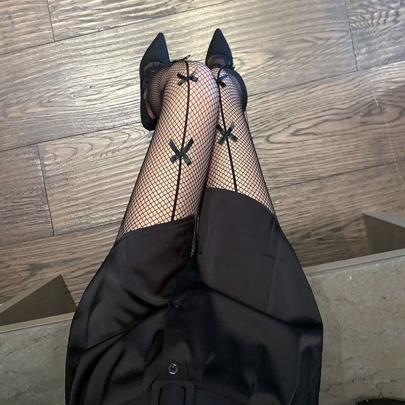 黑丝渔网袜 蝴蝶结黑丝袜色蕾丝连裤袜夏季渔网袜jk黑丝渔网袜子 蝴蝶