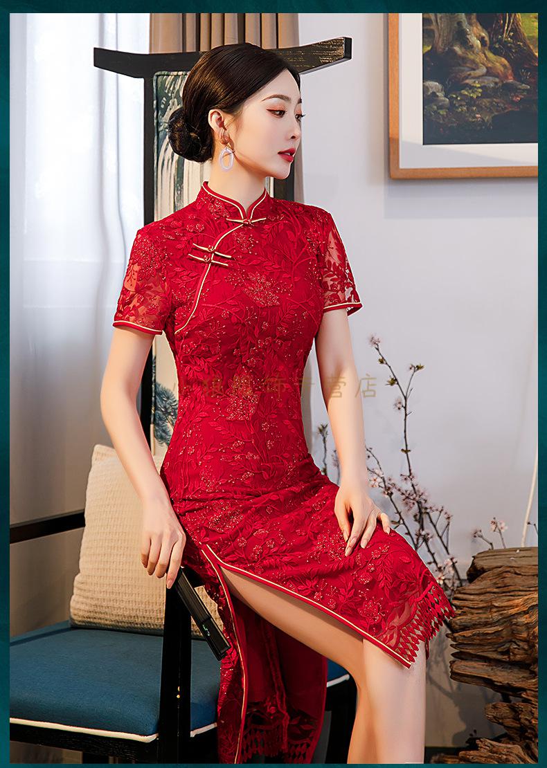 中高考送考红色旗袍2022新款大红短袖透视蕾丝晚礼服斜襟立领改良版高