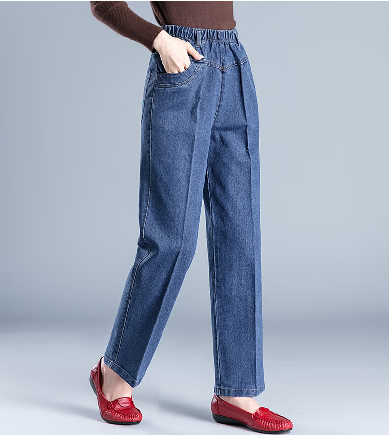 中老年女裤2022秋冬季松紧高腰宽松大码加肥直筒妈妈款蓝色牛仔裤气质