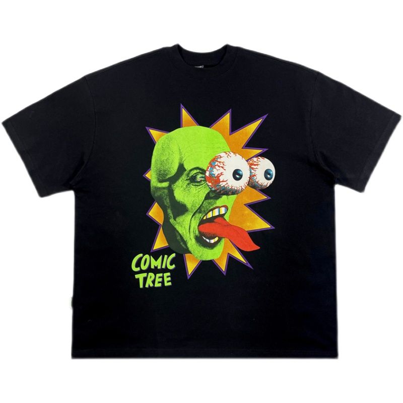 comictree夏季新品变相怪杰印花短袖国潮嘻哈宽松卡通情侣t恤黑色s