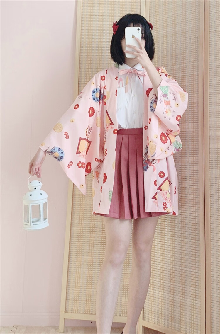 日系软萌妹开衫和服浴衣和风羽织可爱少女晒上衣短外套女酒红羽织均码