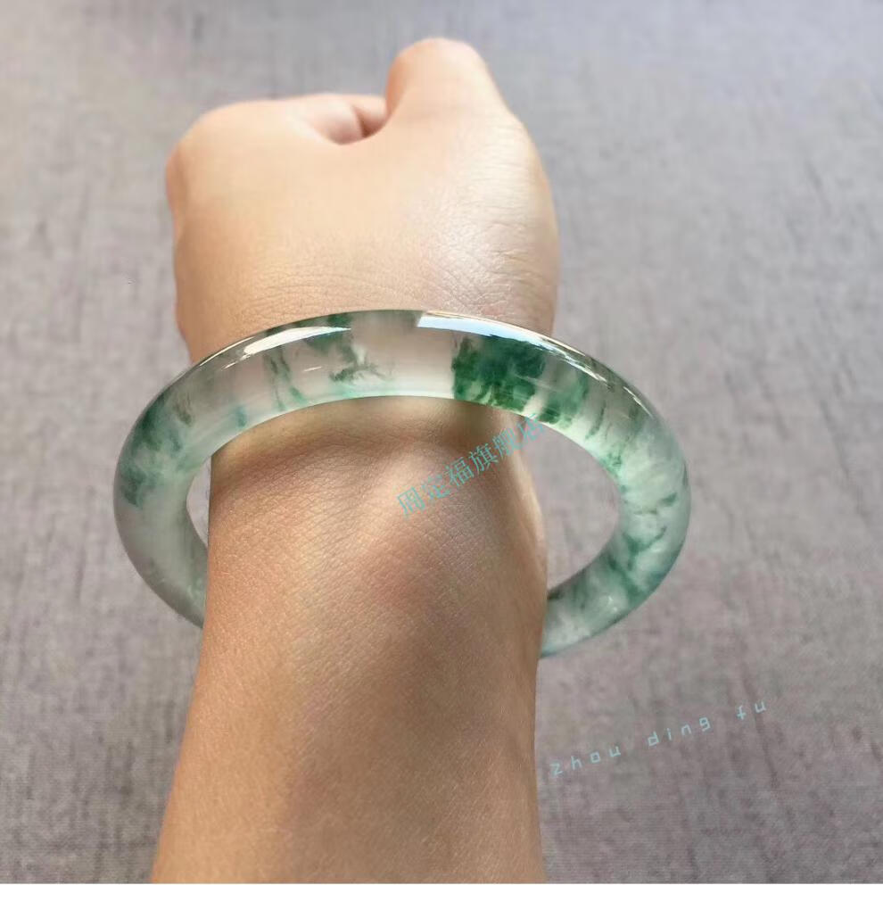 母亲节老坑玻璃种飘蓝花翡翠手镯缅甸冰种细圆条玉 内径59-60mm【图片