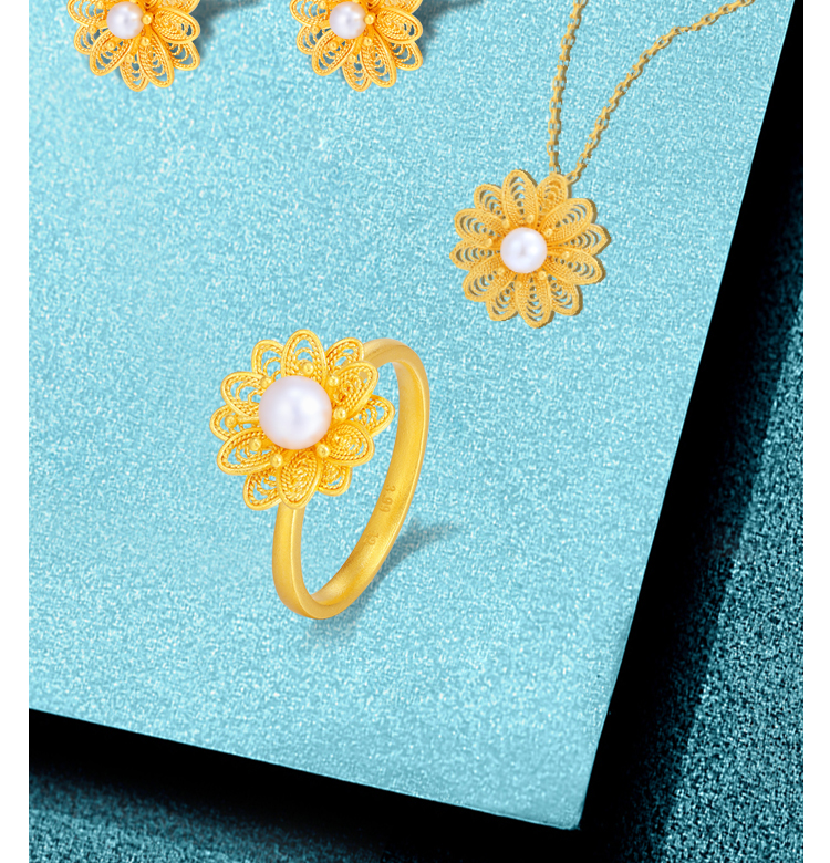 千叶珠宝 黄金足金淡水珠耳 花丝工艺时尚耳饰耳环结婚首饰送礼女节日