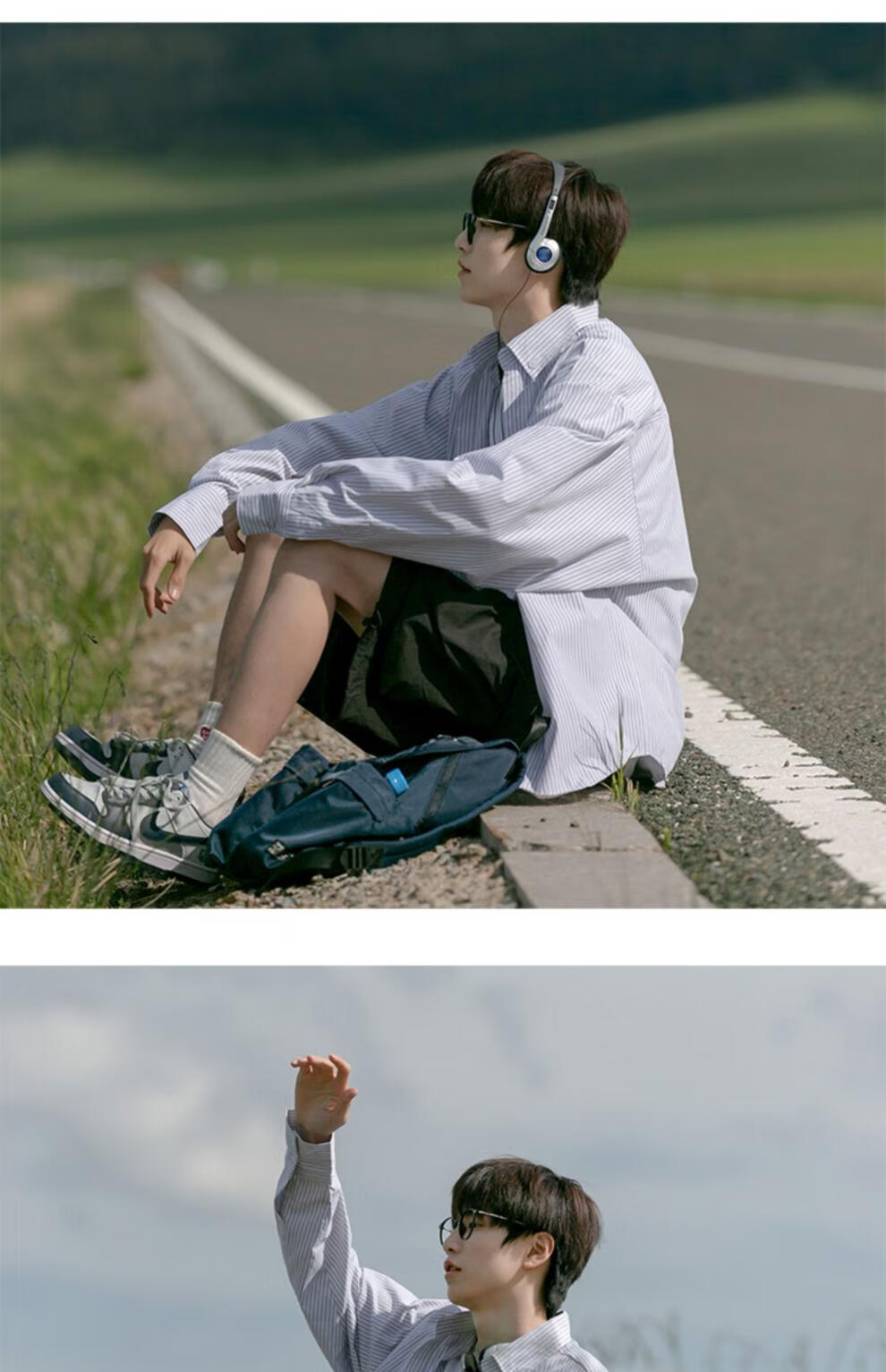 sijian雅痞cityboy廓形衬衫男长袖病号服少年感蓝白条纹衬衣 蓝色 l