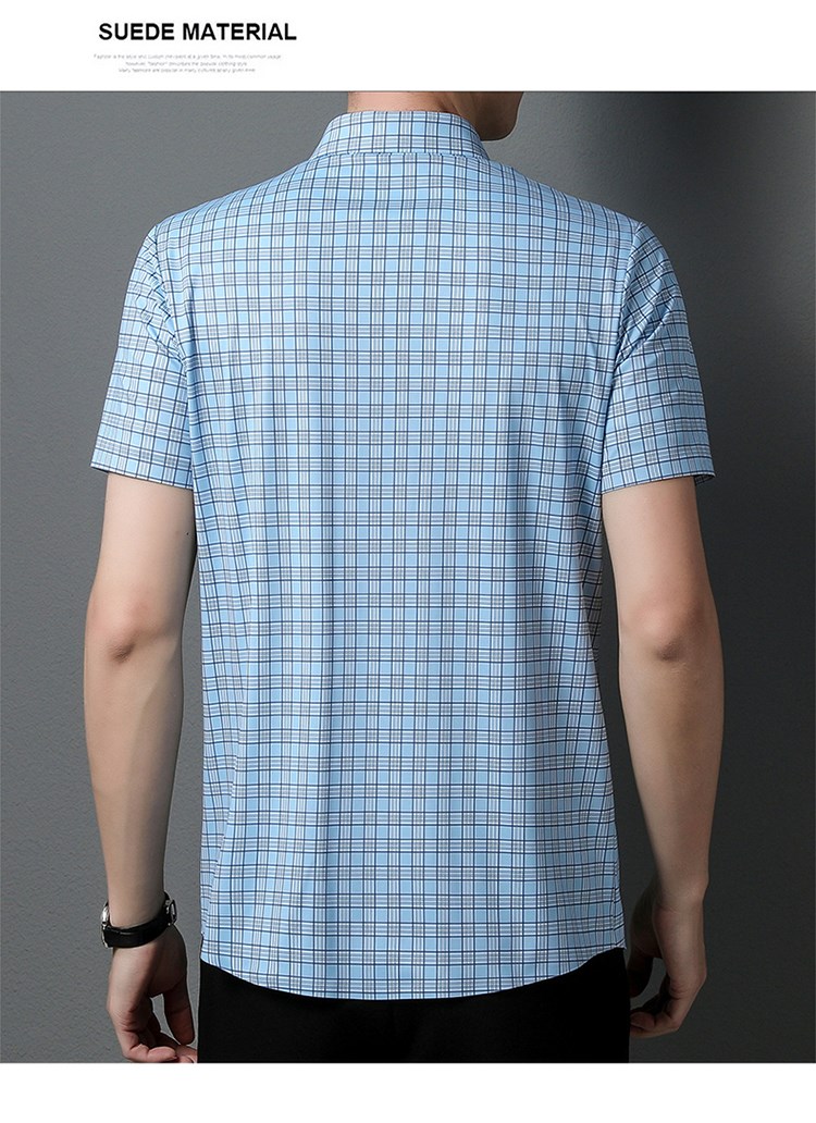 鹿王马丁男士清爽条纹衬衫夏季商务免烫格子短袖衬衣男抖音同款橦华