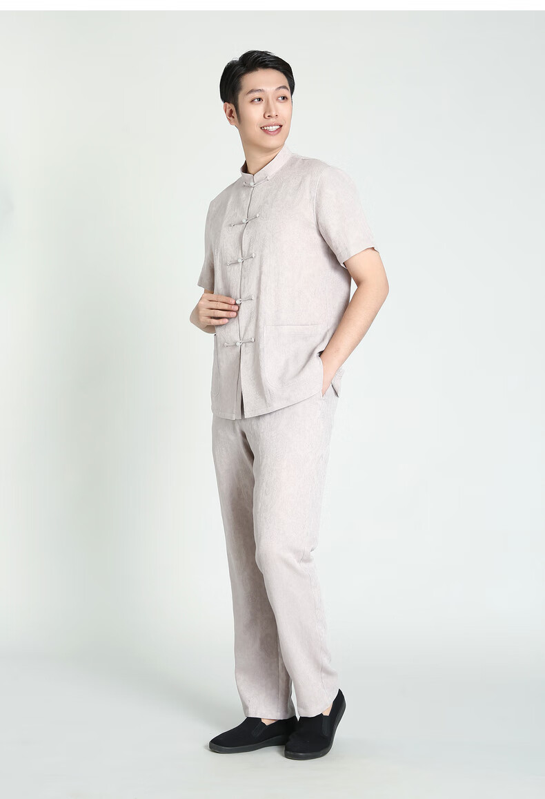 老美华男士两件套夏季新款男上衣裤子中老年男装休闲男套装 灰色 上衣