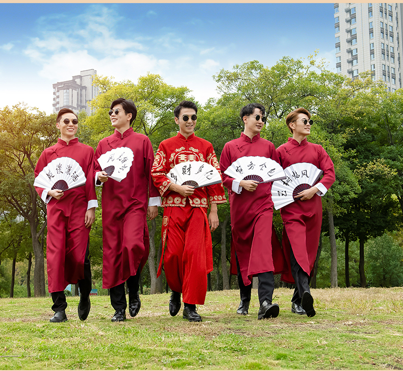 伴郎服中式创意中国风唐装中式婚礼伴郎服伴娘服唐装马褂结婚伴郎兄弟