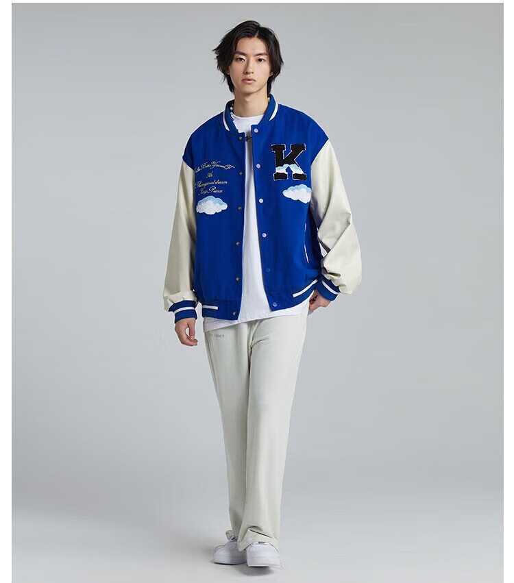 kingprince 外套男潮秋季厚云朵克莱因蓝拼接美式棒球服夹克 蓝色(厚)