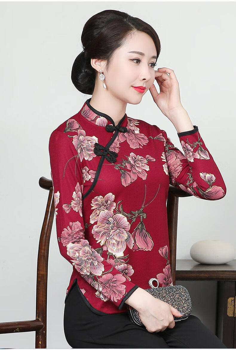 亲肤高品质旗袍女2021新款长袖旗袍上衣秋季新款印花短款打底衫日常