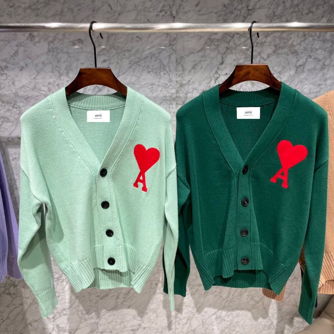 正确版本ami开衫爱心字母桃心a刺绣红心针织衫v领秋冬毛衣 2106深绿色