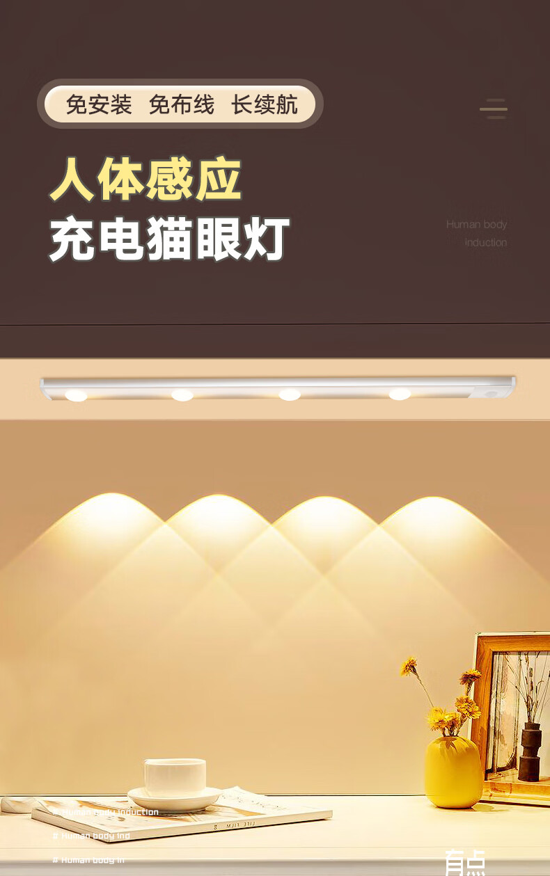 (nvc)雷士智能人体感应灯同款led亮自动灯充电带无线衣柜橱柜猫眼灯免