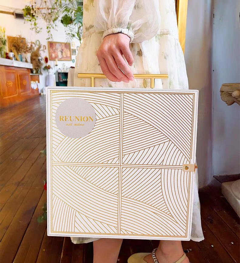 月饼包装盒手提袋礼品盒白色线条中秋节礼盒高端现货空盒 6粒装 1套