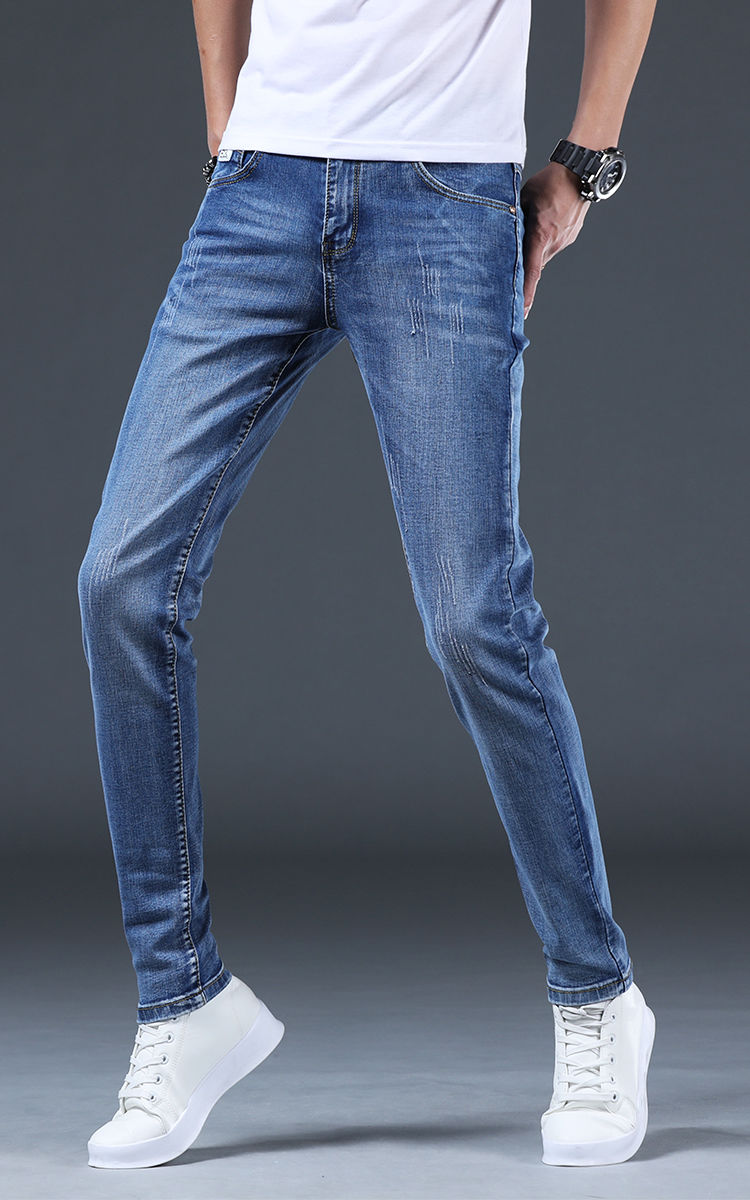 新款秋季浅蓝色牛仔裤男士弹力修身小脚青年韩版休闲百搭长裤子男潮牌