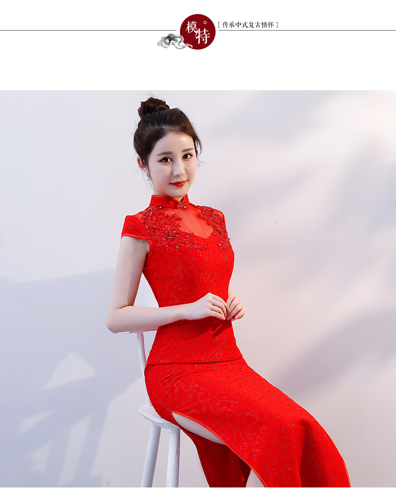 礼仪服装女迎宾小姐服中式新娘旗袍敬酒服长款服中国风红色结婚礼服