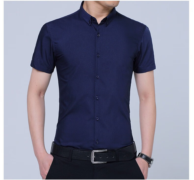 老人的确良男衬衣夏季冰丝衬衫短袖暗纹滑料薄款免烫防皱小领白潮