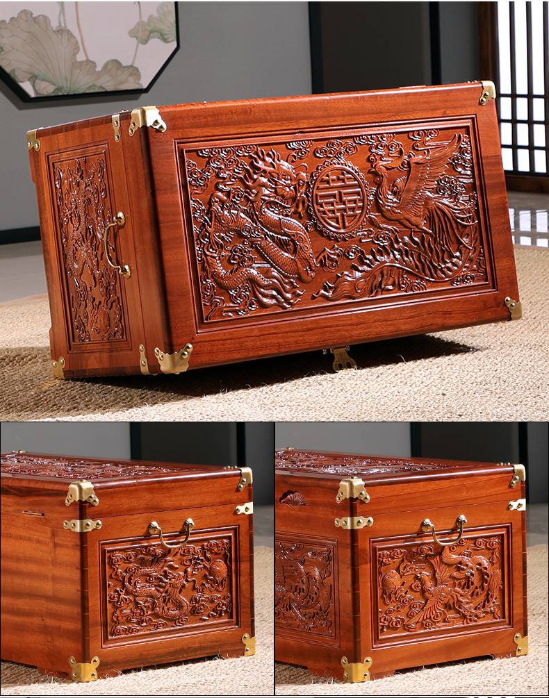 嫁妆箱龙凤婚嫁箱香樟木箱子长方形带锁全樟木复古箱子红色结婚箱子