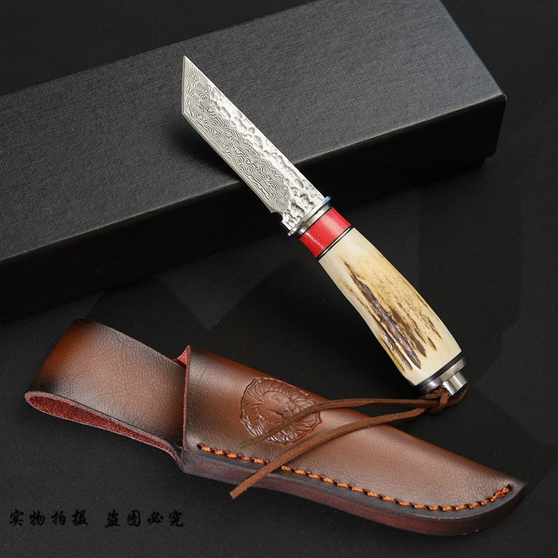 蒙古小刀手工锻打 vg10大马士革吃肉刀鹿角小镶红宝石水果刀 红彩鹿角