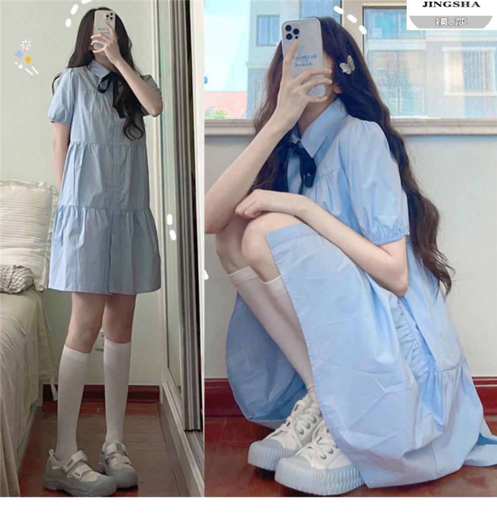 镜莎夏季女生短袖蓝色连衣裙子夏天学生高中生初中生女装2022新款女