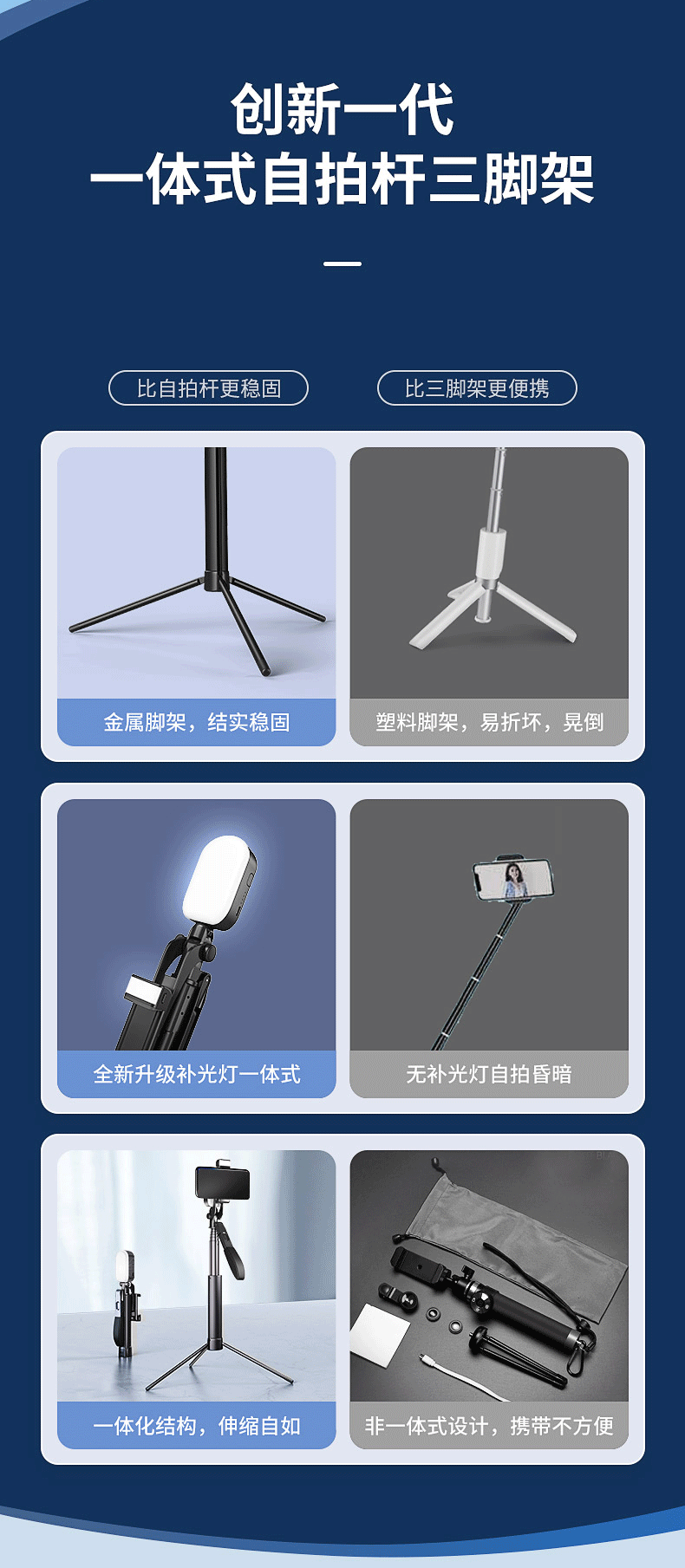 小天 防抖自拍杆手机拍照落地便携补光支架手持蓝牙神器直播三脚架360