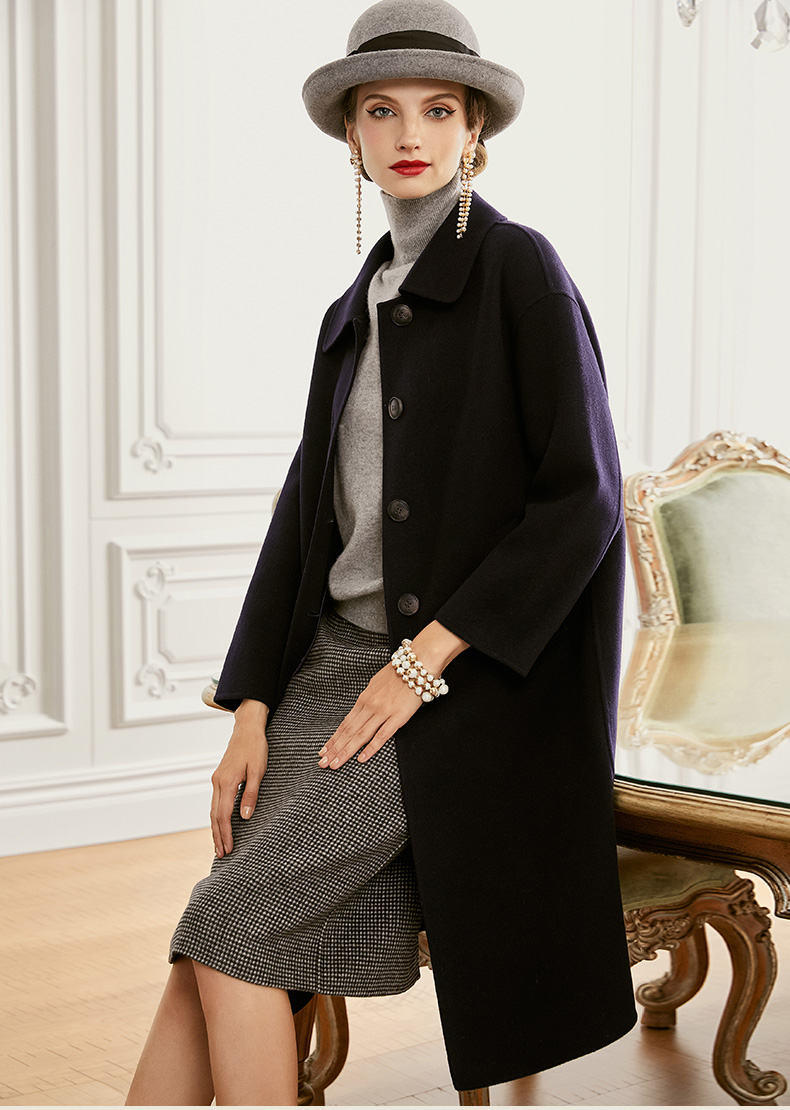 欧黎蔓2020秋冬新款深蓝色双面羊绒大衣女长款娃娃领宽松毛呢外套 深