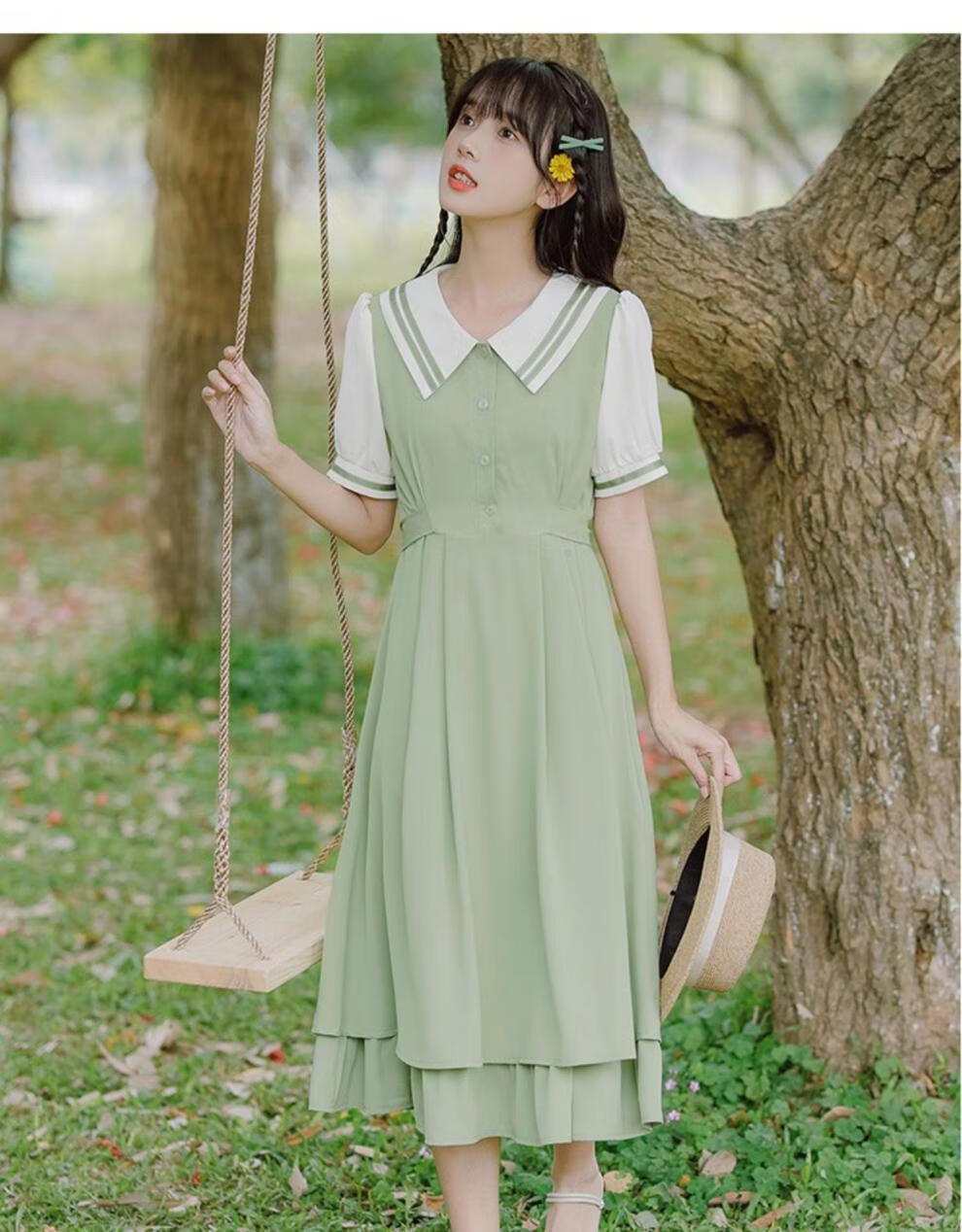 甜美风气少女连衣裙小个子夏季高中生温柔初恋茶歇奶甜中长裙子蓝色s