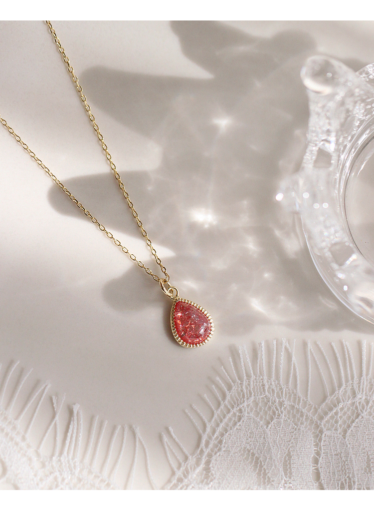925银优雅通透胭脂红宝石水滴项链气质法式锁骨链女通体银水滴项链