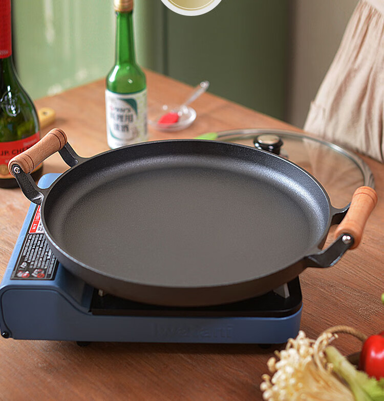木柄家用煎饼锅铸铁平底锅烙饼鏊子摊煎饼果子工具不粘锅手抓饼锅 新