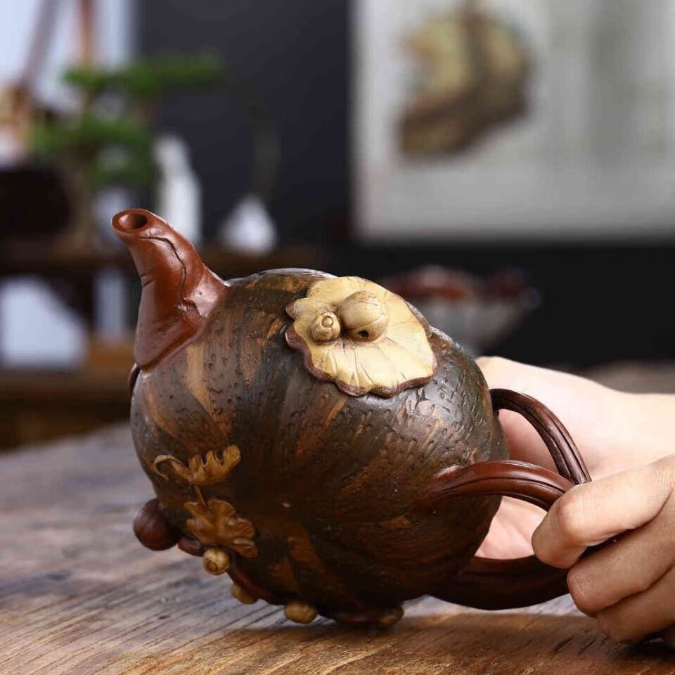 宜兴紫砂壶名家汪寅仙纯手工原矿红泥花器南瓜提梁壶家用泡茶壶