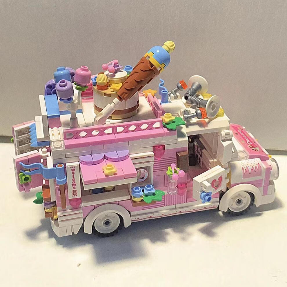 夏日梦幻马卡龙色冰淇淋车积木解压玩具摆件礼物 复古冰淇淋车积木