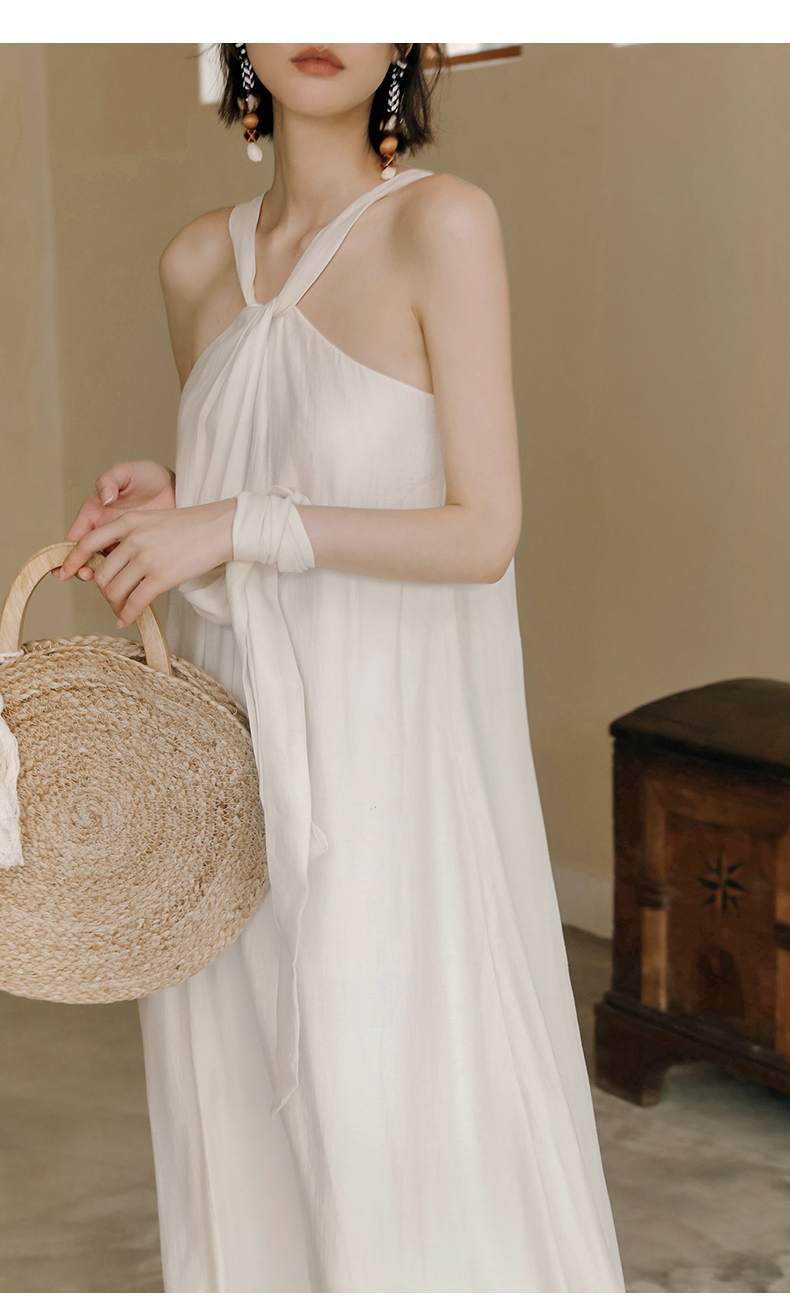 弥古白色挂脖吊带连衣裙仙女感长裙女夏初恋小白裙海边度假沙滩裙