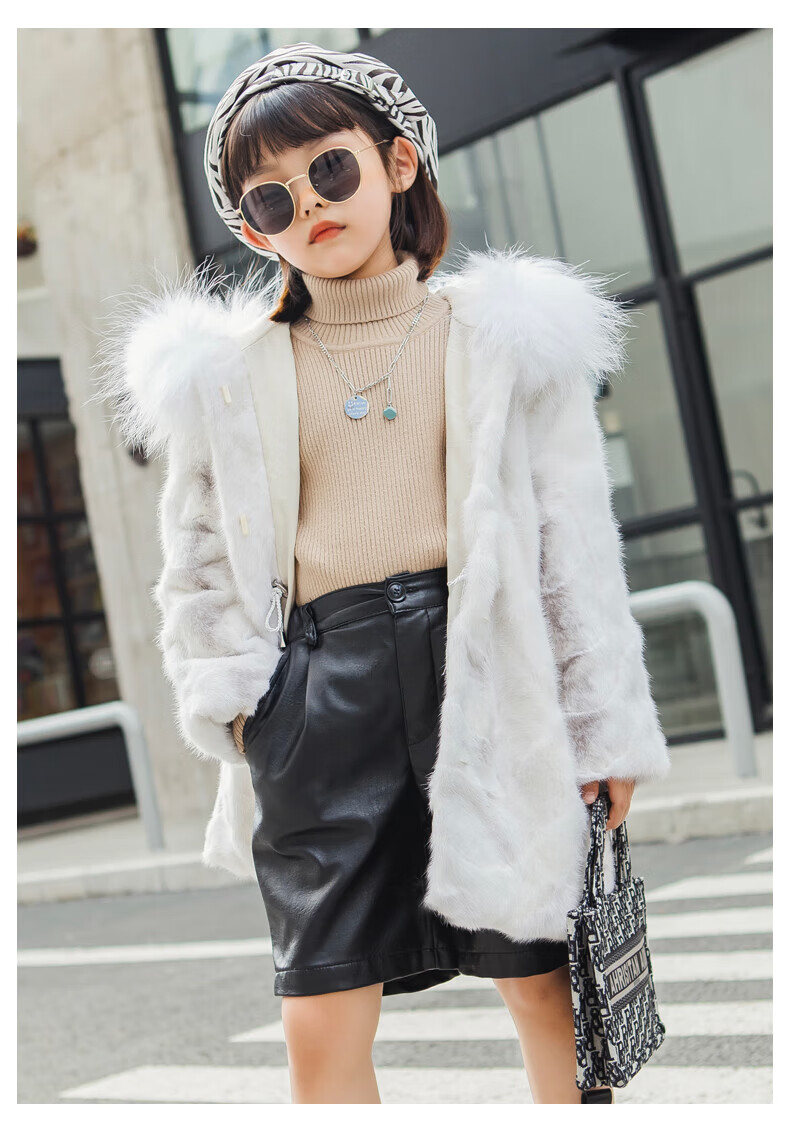 迪士尼【高端轻奢】儿童皮草貂皮大衣女童天鹅绒十字貂中长款水貂毛拼