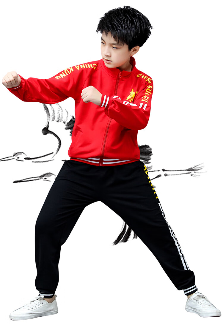儿童武术服装练功服散打男童套装搏击格斗训练衣服童秋冬季长袖 红色