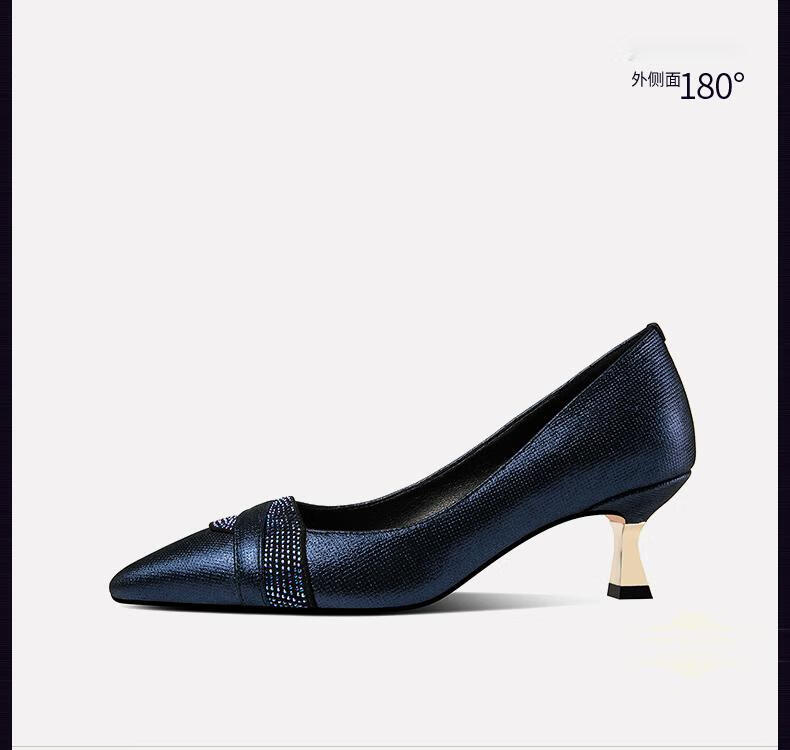 法玛莎品牌真皮浅口中跟单鞋女细跟尖头2022春季新款时尚水钻大码女鞋