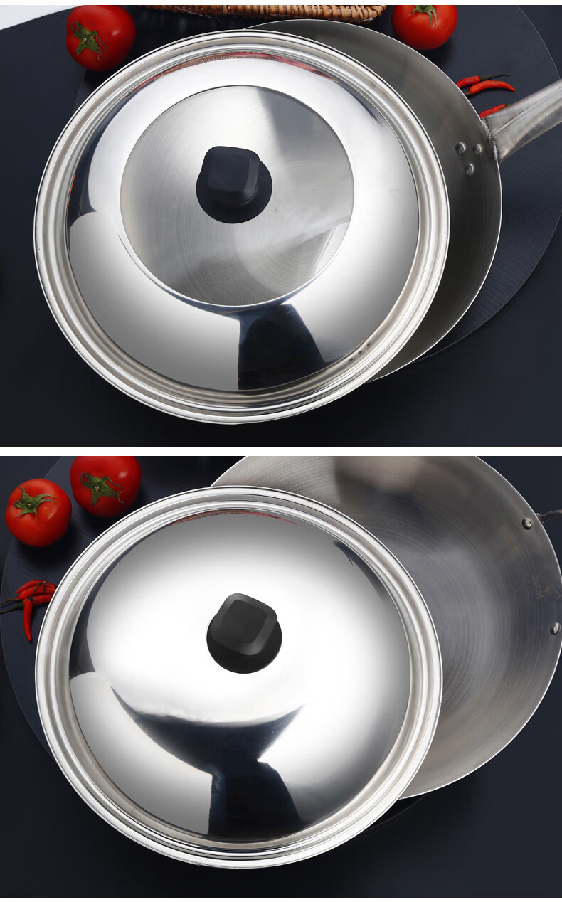 不锈钢爆炒锅单柄家用无涂层不粘锅大排档酒店餐厅商用炒鼎34cm加厚单