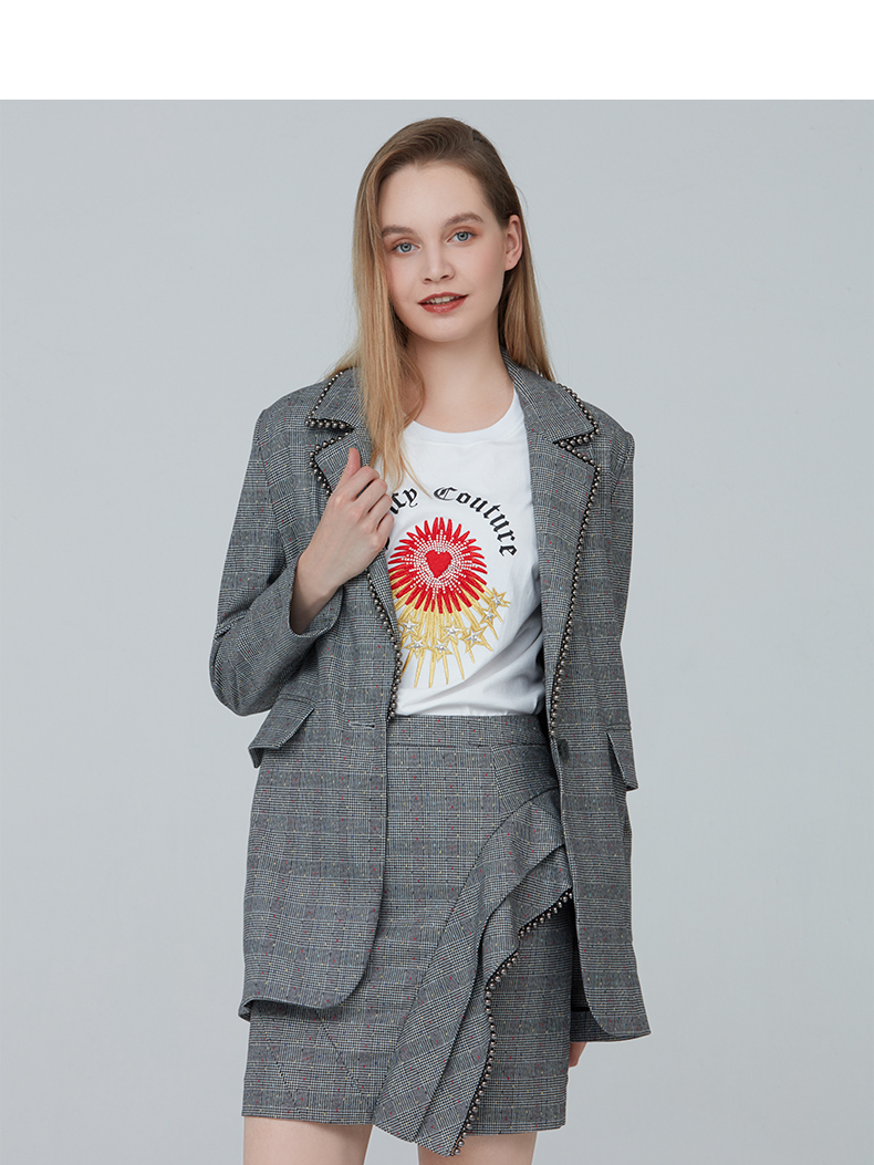 juicycouture橘滋女装新品女装彩色织格纹宽松休闲西装外套灰色m