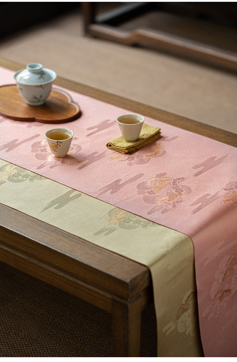 知舍云松新中式织锦金丝提花茶席禅意高端轻奢布艺桌旗茶桌布茶垫春绿